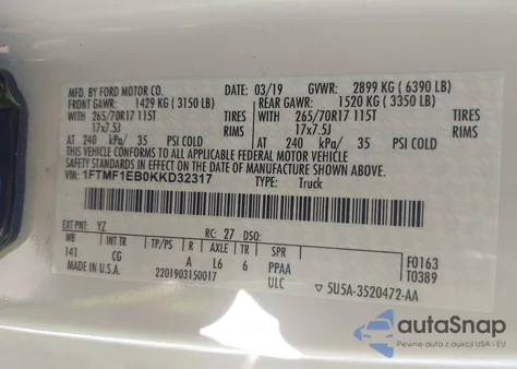 2019 Ford F-150 Xl z USA, uszkodzony, nr VIN 1FTMF1EB0KKD32317